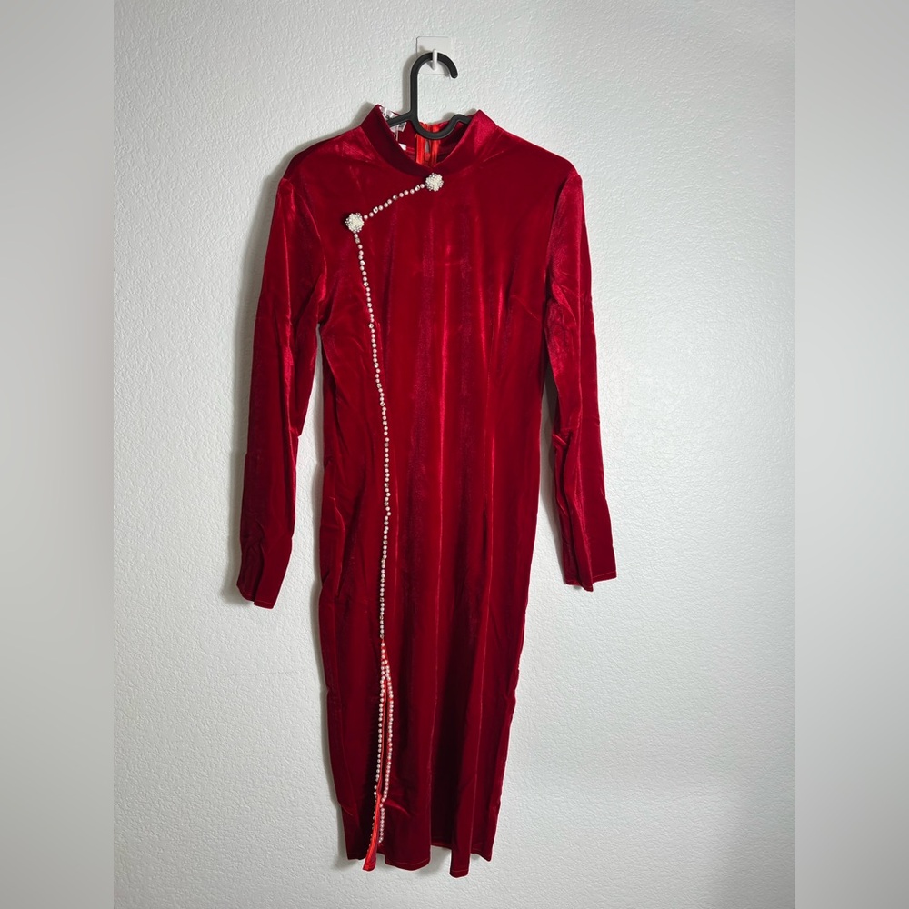 Red Velvet Cheongsam-Style Dress with Pearl Trim